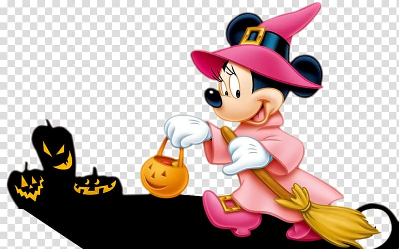 Minnie Mouse illustration, Mickey Mouse: Magic Wands! Minnie Mouse Donald Duck Halloween, Halloween pumpkin and holding broom Mickey Mouse transparent background PNG clipart