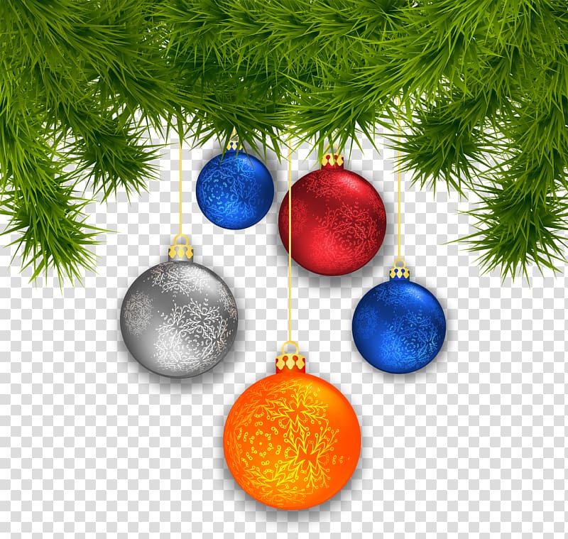 five assorted-color Christmas bauble decor illustration, Christmas ornament Christmas tree , Pine Branches with Christmas Balls transparent background PNG clipart
