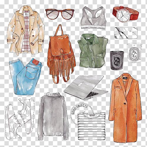 assorted apparels and mugs illustration collage, Fashion illustration Illustrator Illustration, Women Fashion transparent background PNG clipart