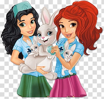 white rabbit with two girls illustration, Lego Friends Taking Care Of Rabbits transparent background PNG clipart