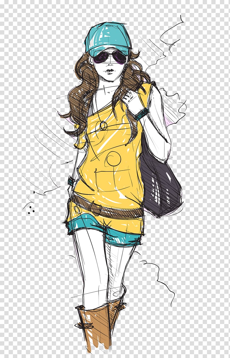 woman in yellow one-shoulder strap shirt carrying shoulder bag sketch, Fashion design Clothing , Fashion Girl HD transparent background PNG clipart
