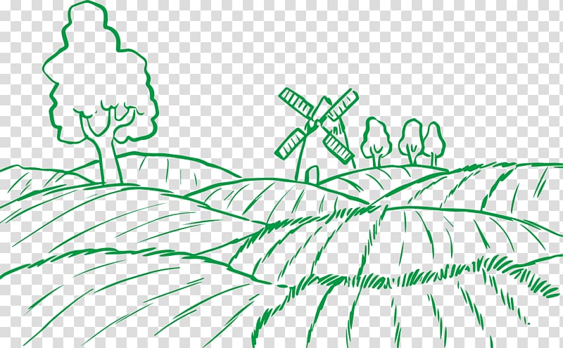 green grass field and windmill illustration, Agriculture Farm , Field farming elements transparent background PNG clipart
