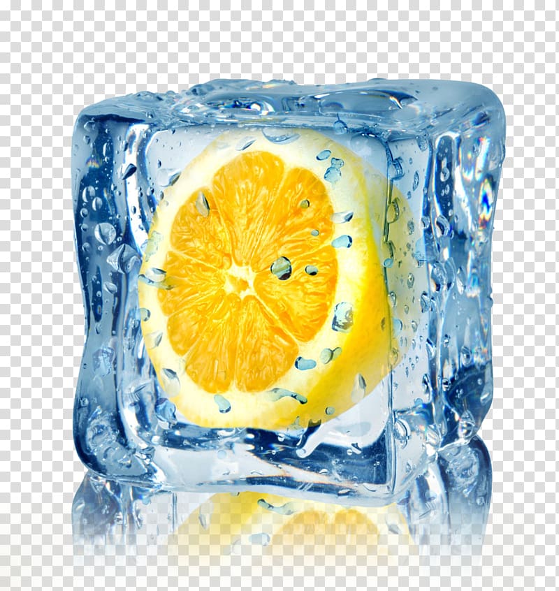 sliced lemon in clear cube, Ice cube Mint Flavor, Oranges and ice cubes transparent background PNG clipart