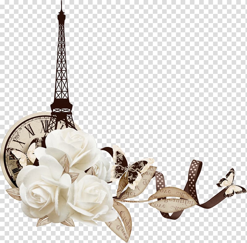 Eiffel Tower, Paris and white rose flowers illustration, Eiffel Tower, White flower Eiffel Tower decoration transparent background PNG clipart