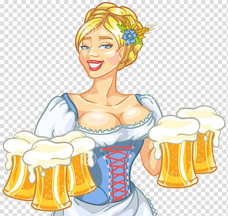 woman holding beer mugs illustration, Beer festival Oktoberfest Beer Glasses, Oktoberfest transparent background PNG clipart