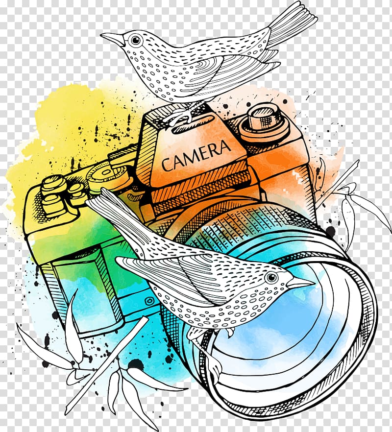 camera and bird illustration, Camera lens Illustration, Birds on the lens transparent background PNG clipart