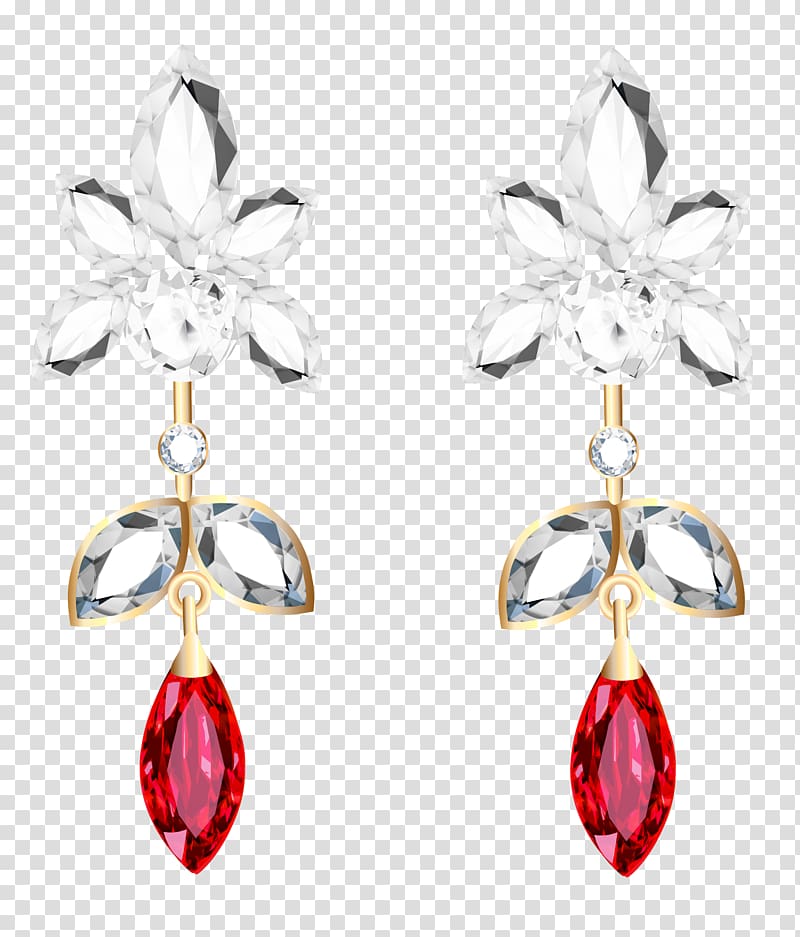 pair of clear and red stone encrusted earrings, Earring Jewellery Necklace , Diamond and Ruby Earrings transparent background PNG clipart