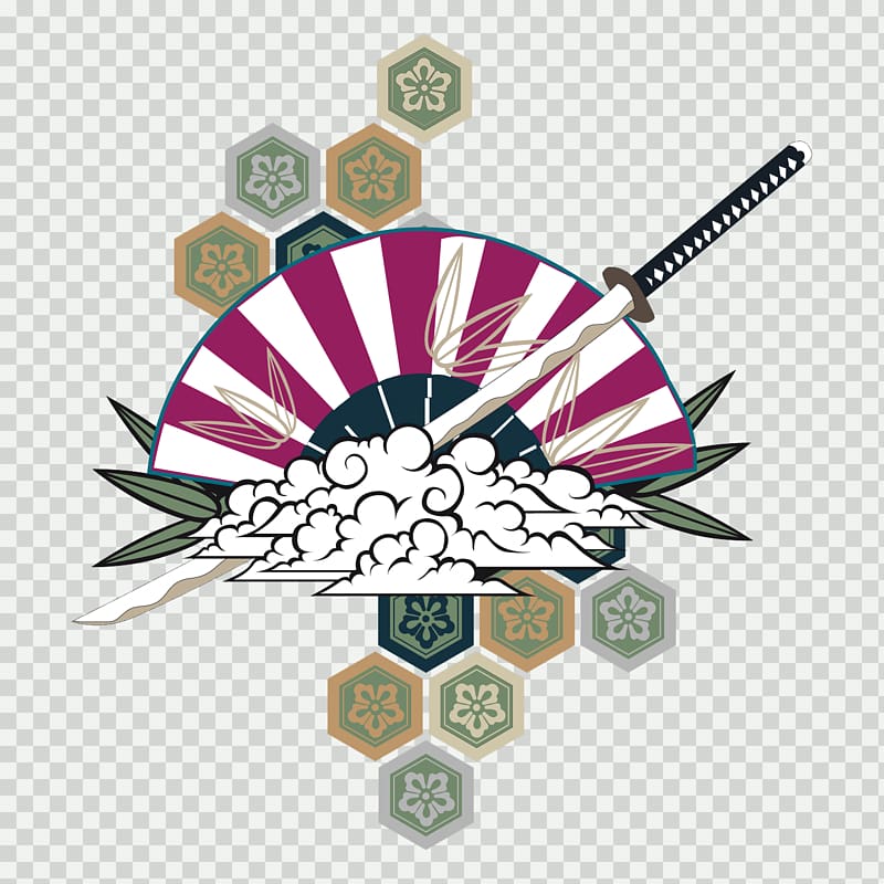 black katana sword and red hand fan , Japan Illustration, Japan Kendo background transparent background PNG clipart