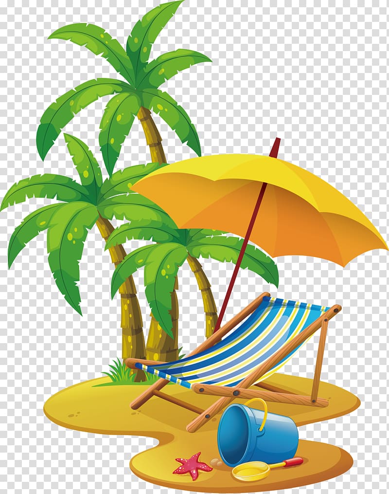 folding sunlounger under parasol near palm trees illustration, Beach , Lazy beach chair transparent background PNG clipart