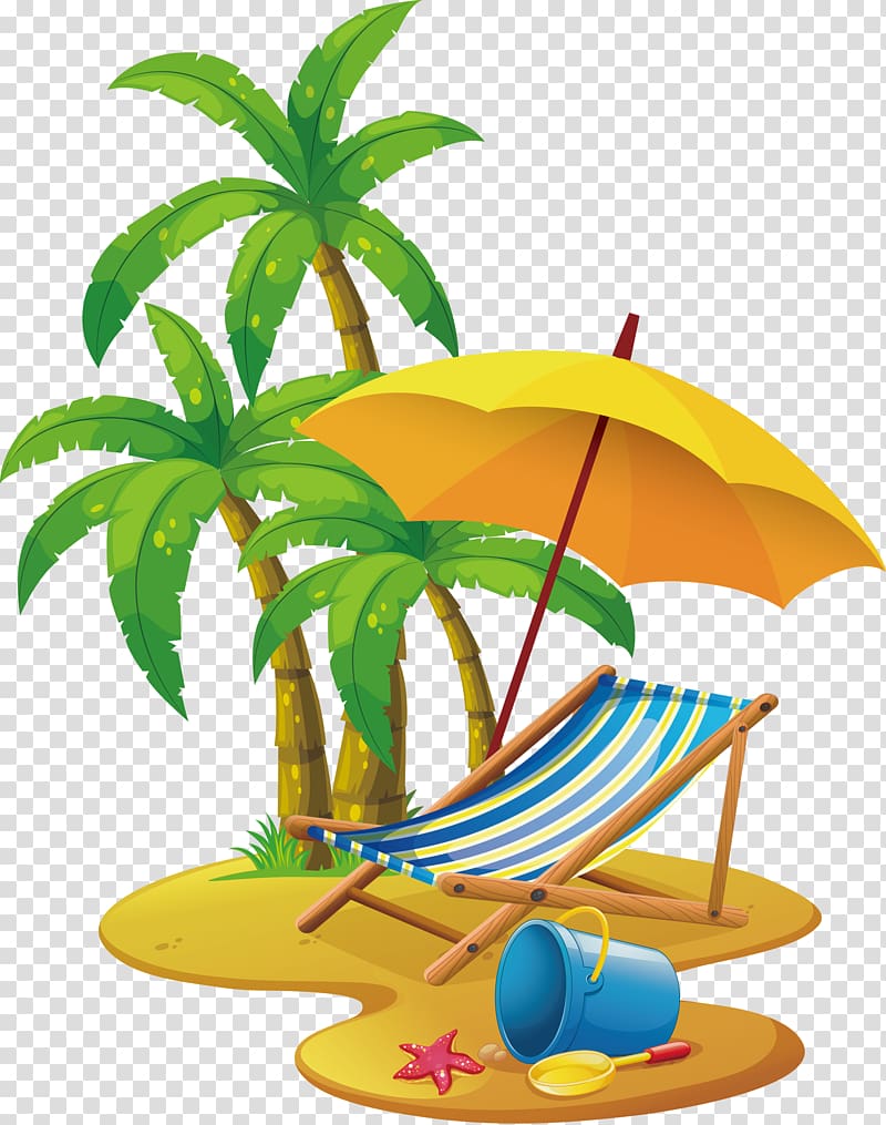 Folding Sunlounger Under Parasol Near Palm Trees Illustration Beach 
