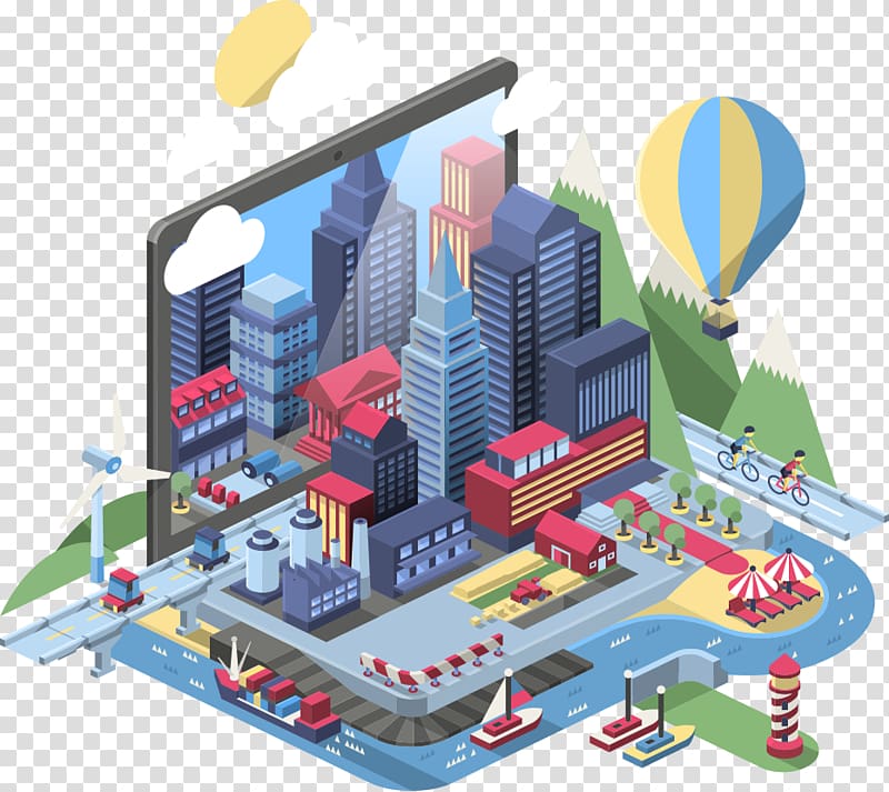 buildings and boat illustration, Isometric projection City Illustration, isometric illustration Cartoon city transparent background PNG clipart