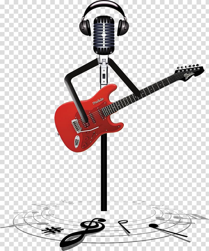black and gray condenser microphone with red electric guitar illustration, Microphone Guitar Music, guitar transparent background PNG clipart