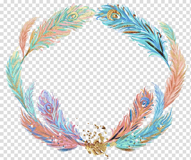 multicolored feathers wreath illustration, Last Chance Baby Feather , Watercolor painted gold feather transparent background PNG clipart