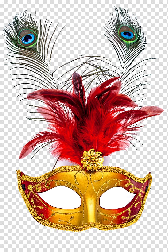 red and gold colombina mask, Mask Feather Party Masquerade ball, Peacock Carnival Mask transparent background PNG clipart