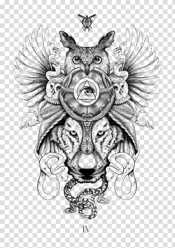owls and lion head with triangle in middle logo , Tattoo Animal Totem Tribe Symbol, tiger transparent background PNG clipart
