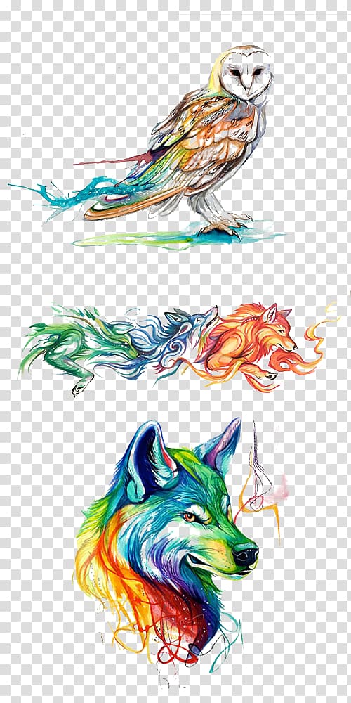 multicolored owl and wolf illustration, Owl Watercolor painting Illustration, Hand-painted watercolor Animals transparent background PNG clipart