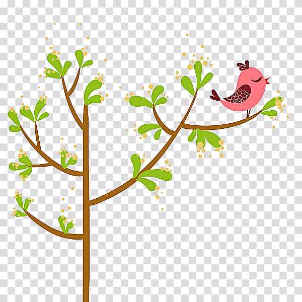 Bird Tree Cartoon Red, Green tree transparent background PNG clipart
