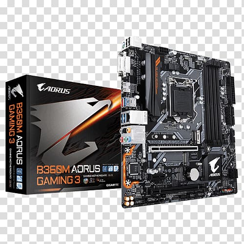 GIGABYTE B360 AORUS GAMING 3 WIFI LGA 1151 microATX Motherboard USB 3.0, motherboard capacitors list transparent background PNG clipart