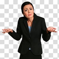 woman in black suit jacket, Shrug Emoji Woman transparent background PNG clipart