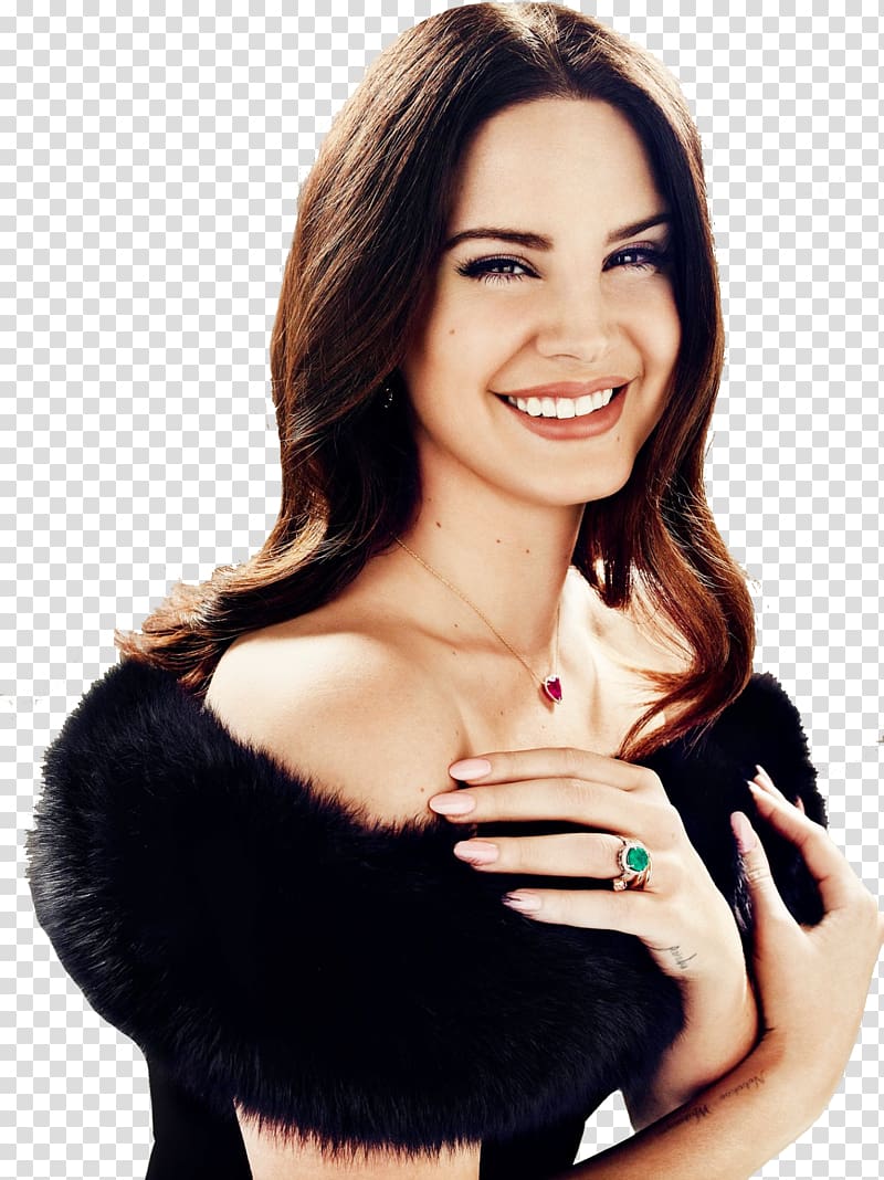 smiling woman wearing black fur off-shoulder top, Lana Del Rey Hollywood Casino Amphitheatre Billboard Beverly Hills, Rey transparent background PNG clipart