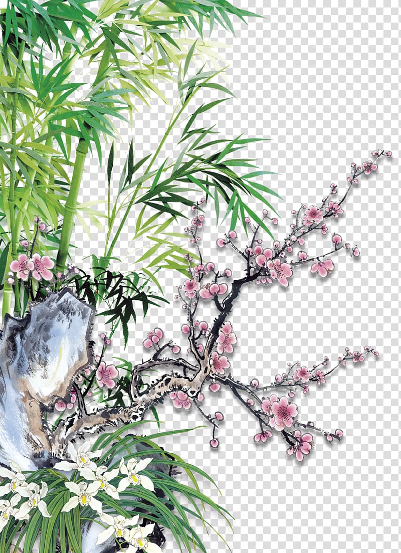 Ink wash painting Four Gentlemen Bamboo Plum blossom Chinese painting, Bamboo plum blossom transparent background PNG clipart