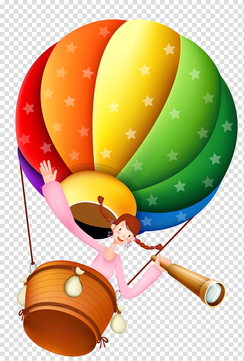 ud569uc815ucd08ub4f1ud559uad50 Hot air balloon Learning, Cartoon girl hot air balloon look at the telescope transparent background PNG clipart