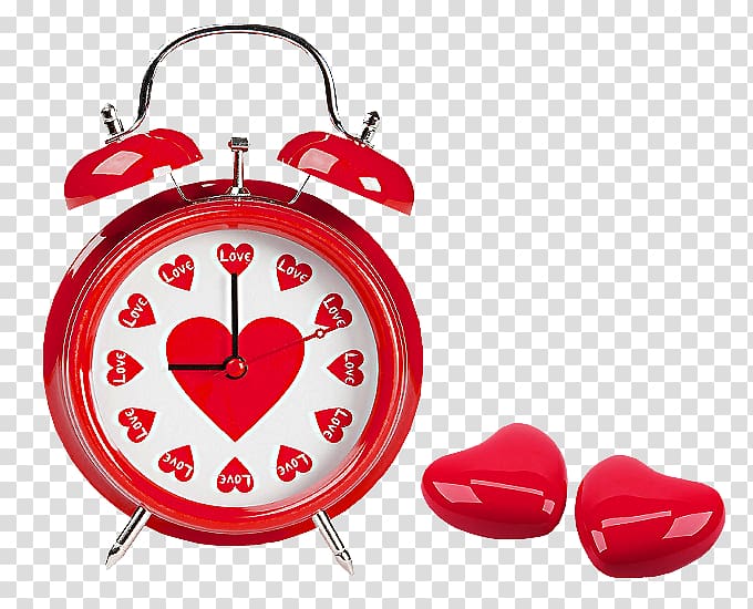 red alarm clock , Heart Alarm clock , Red Hearts Love Clock transparent background PNG clipart