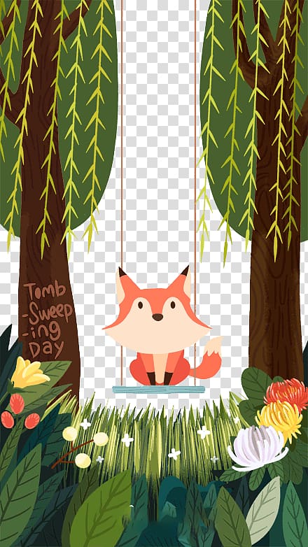 fox illustration, Cartoon Illustration, Swingin little fox transparent background PNG clipart