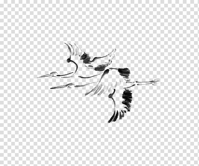 two black duck sketches, Japanese painting Ink wash painting Drawing, Crane transparent background PNG clipart