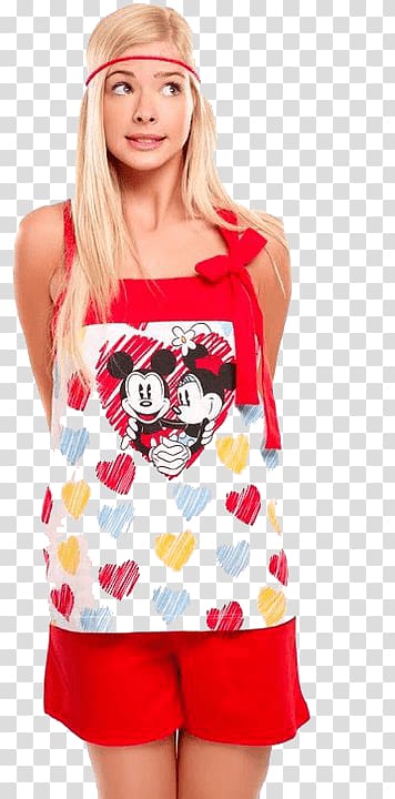 girl wearing red, blue, and yellow heart print Mickey and Minnie Mouse-printed shirt and shorts set illustration, Eugenia Suarez Looking Up transparent background PNG clipart