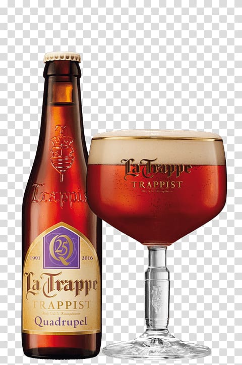 La Trappe Trappist quadrupel bottle and footed glass, La Trappe Trappist Quadrupel transparent background PNG clipart