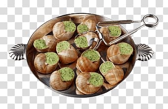 snail in tray, Portion Of Escargots transparent background PNG clipart
