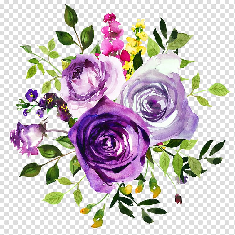 three flowers illustration, Flower Purple Watercolor painting Violet , watercolor rose transparent background PNG clipart