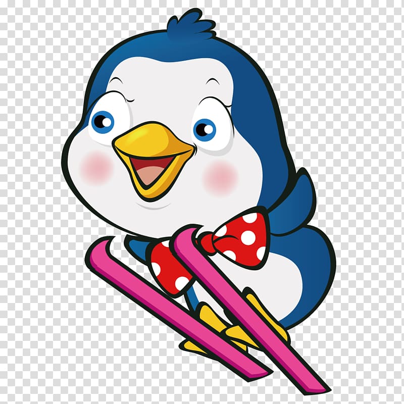 Cute penguin skiing with tree background Vector Image