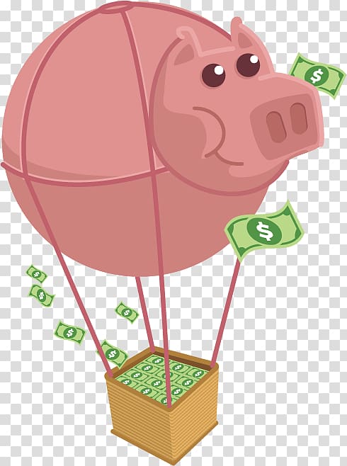 Domestic pig Piggy bank Euclidean Saving Money, Cartoon carrying money pig hot air balloon transparent background PNG clipart