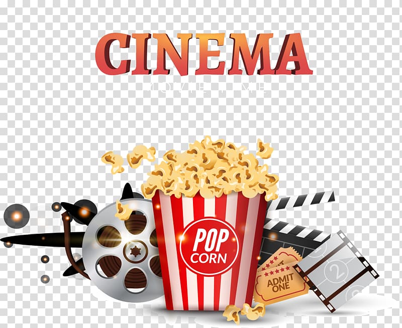 Cinema Movie Time poster, Popcorn Cinema Clapperboard Banner, Sweet and delicious popcorn transparent background PNG clipart