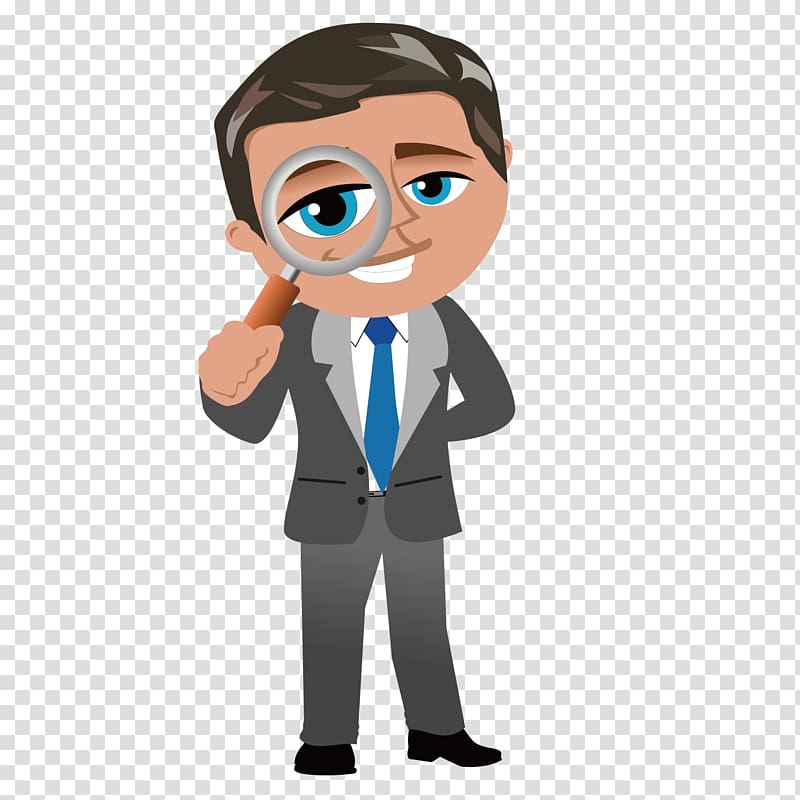 man in tuxedo holding magnifying glass illustration, Cartoon Businessperson , Serious manager transparent background PNG clipart