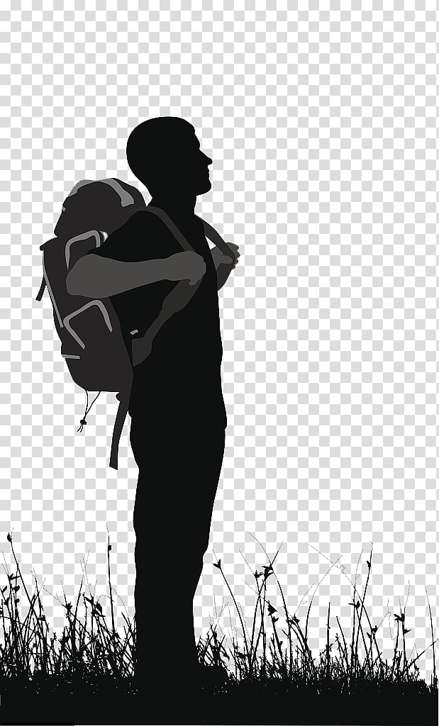silhouette man wearing backpack illustration, Silhouette Backpacking Illustration, Backpackers with backpacks and silhouettes transparent background PNG clipart