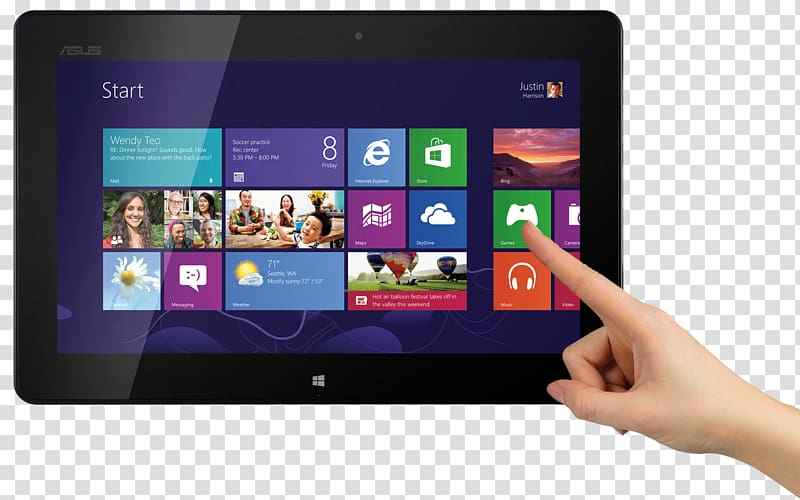person touches turned-on Microsoft tablet, Asus Eee Pad Transformer Prime Asus PadFone Windows RT Touchscreen Nvidia Tegra 3, Finger Touch Tablet transparent background PNG clipart