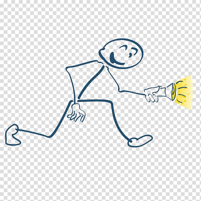 Stick figure Flashlight Illustration, A small man running forward with a flashlight transparent background PNG clipart