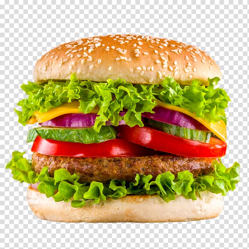 Hamburger Veggie burger Take-out Fast food Kebab, Delicious beef burger, burger with lettuce, tomato, and cheese transparent background PNG clipart