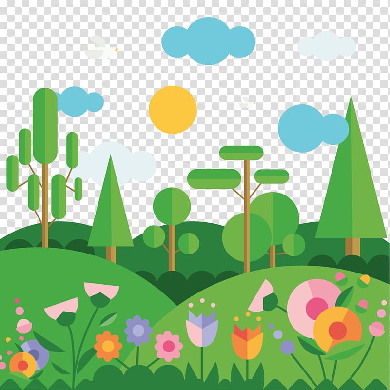 green trees illustration, Flat design, Flat spring mountain landscape material transparent background PNG clipart