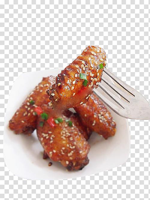 Buffalo wing Barbecue Chicken Meatball Food, Fork forked chicken wings transparent background PNG clipart