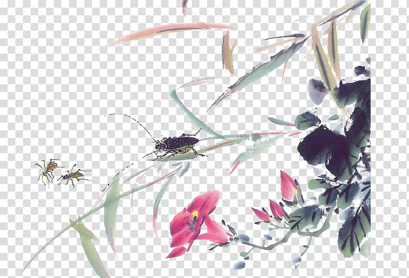 Ink wash painting Chinese painting Gongbi , Grasshopper transparent background PNG clipart
