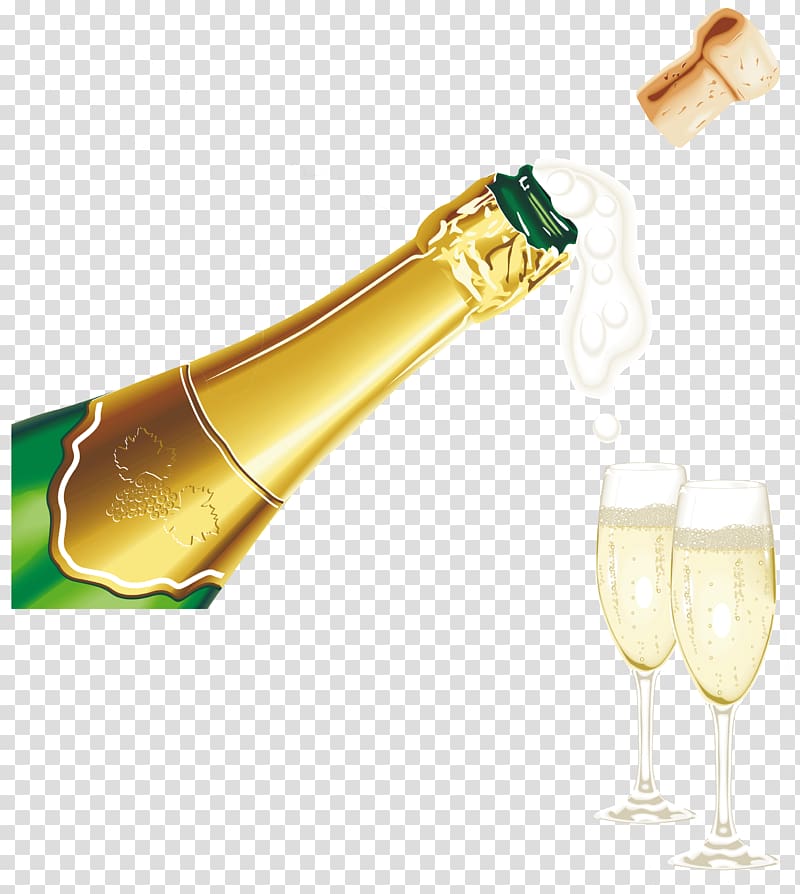 multicolored champagne bottle and flute glass illustration, New Year Champagne with Glasses transparent background PNG clipart