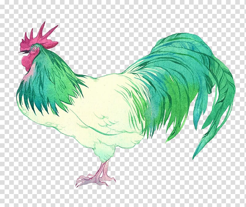 Rooster Chicken Gamecock Illustration, Creative watercolor green cock transparent background PNG clipart