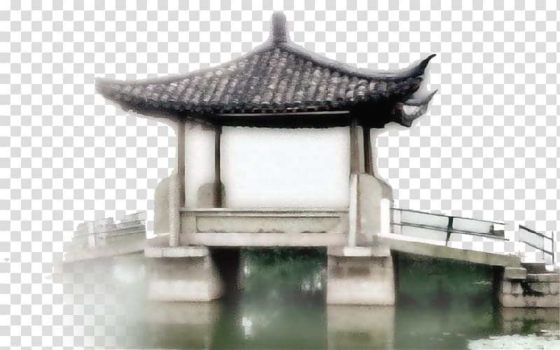 Ink wash painting Chinese pavilion, bridge transparent background PNG clipart