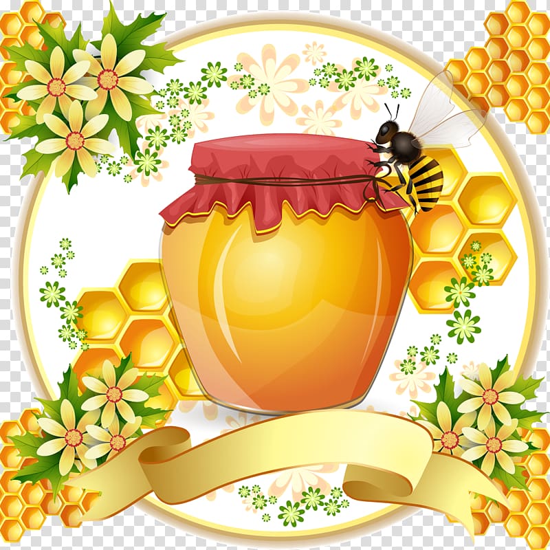 honey bee and honey jar art, Honey and honey tag stream transparent background PNG clipart
