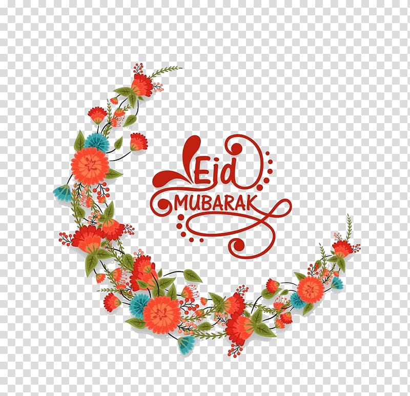 Eid Mubarak Eid al-Adha Eid al-Fitr Islam Illustration, An Islamic flower; a moon pattern, Ejd Mubarak text with flowers illustration transparent background PNG clipart