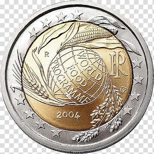 2 euro coin 2 euro commemorative coins 2 euro commemorativi emessi nel 2004 World Food Programme, Coin transparent background PNG clipart
